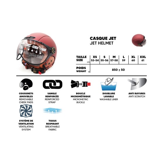 Casque JET  bordeaux mat (taille XS à XXL) 4
